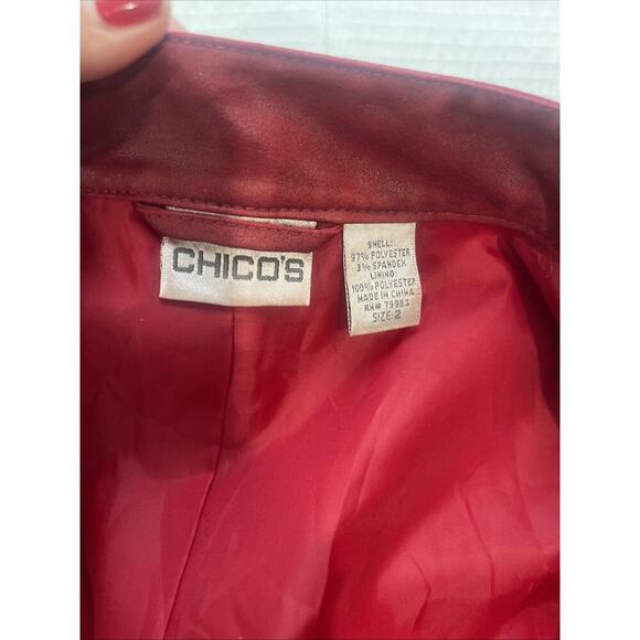 Chicos Sz L (2) Red Faux Full Zip Jacket Light Weight Pockets Lined Gold Holiday - Picture 6 of 8